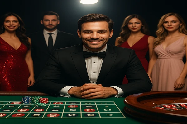 নিয়ন আলোয় সজ্জিত আধুনিক ক্যাসিনোর মধ্যে শৈল্পিক উপস্থাপনা