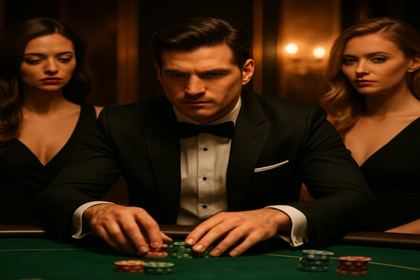 একজন নারী ল্যাপটপে অনলাইন গেম খেলছেন; চারপাশে জ্বলজ্বল করা ক্যাসিনো পরিবেশ দৃশ্যমান হচ্ছে