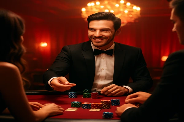 আলো ঝলমলে গেমিং পরিবেশে একজন আত্মবিশ্বাসী ডিলার bgd3 অ্যাকাউন্টে নিরাপদে প্রবেশ করার আহ্বান জানাচ্ছেন।